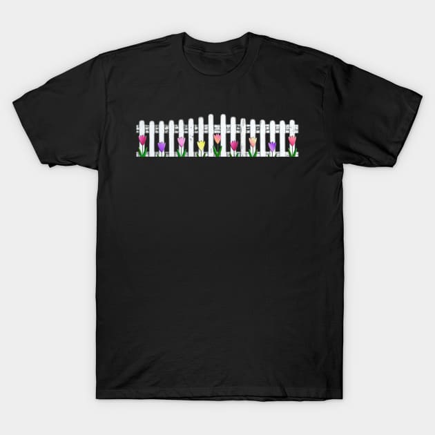 Cartoon Tulips Against Fence T-Shirt by Roly Poly Roundabout